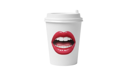 Coffee cup with red lips isolated PNG, creative design for coffee shop branding and promotional materials on transparent background
