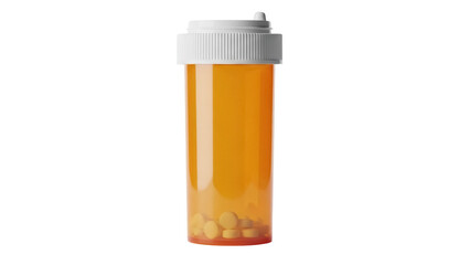 Amber pill bottle with yellow pills isolated PNG, prescription medication container for healthcare and pharmaceutical use
