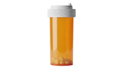 Amber pill bottle with yellow pills isolated PNG, prescription medication container for healthcare and pharmaceutical use