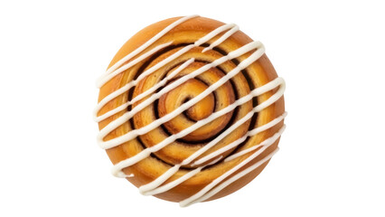 Delicious cinnamon roll with icing isolated PNG, sweet pastry with glaze on transparent background for bakery and dessert designs