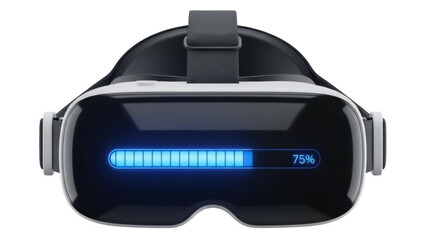 Modern black VR headset with 75% battery level isolated PNG, virtual reality glasses for gaming and immersive digital experience on transparent background