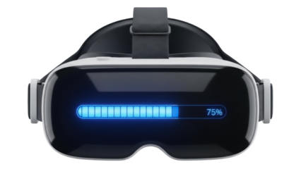 Modern black VR headset with 75% battery level isolated PNG, virtual reality glasses for gaming and immersive digital experience on transparent background