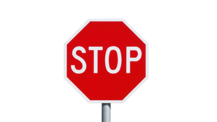 Red stop sign PNG isolated on transparent background, octagonal traffic symbol for road safety and regulation, vector graphic