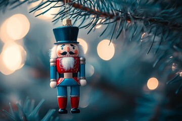 Classic nutcracker soldier decoration in green and red uniform adorns festive Christmas tree, wooden figure with beard catching soft bokeh light in winter scene.