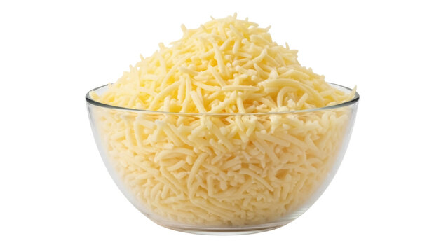 Pile of shredded cheddar cheese in glass bowl isolated PNG, ingredient for cooking and baking on transparent background