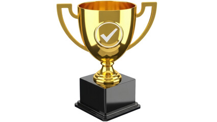 Golden trophy cup with check mark isolated PNG, award for success and achievement on transparent background, victory symbol for graphic design