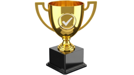 Golden trophy cup with check mark isolated PNG, award for success and achievement on transparent background, victory symbol for graphic design