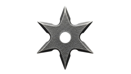 Six-pointed ninja star shuriken isolated PNG on transparent background, traditional Japanese martial arts weapon for combat and self-defense