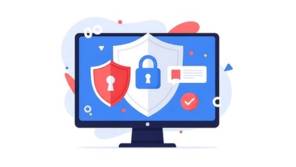 Computer monitor with blue screen and security symbols shield