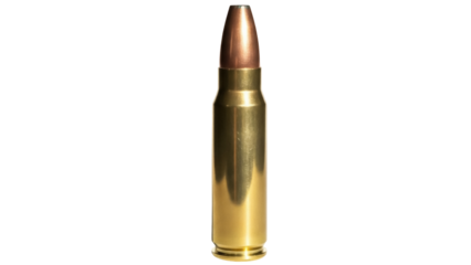 Brass rifle bullet isolated PNG, ammunition for hunting and target practice on transparent background