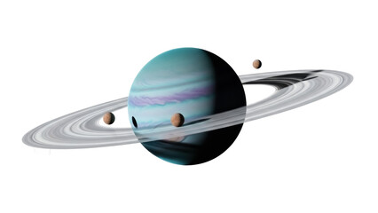 Blue gas giant planet with rings and moons isolated PNG, celestial body with satellites on transparent background for space exploration