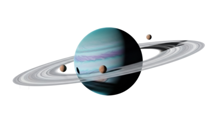 Blue gas giant planet with rings and moons isolated PNG, celestial body with satellites on transparent background for space exploration