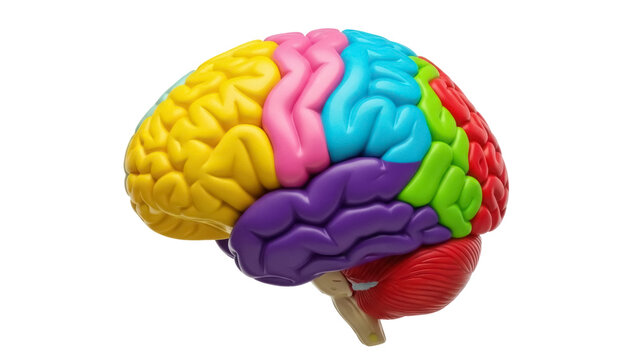 Colorful human brain model PNG isolated on transparent background, anatomical educational tool for medical study and science projects