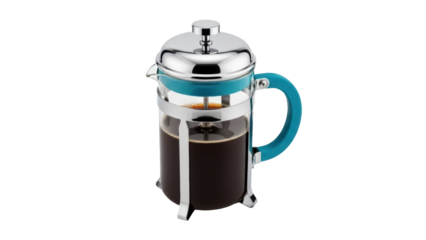 French press coffee maker PNG isolated on transparent background, plunger coffee pot for brewing fresh coffee