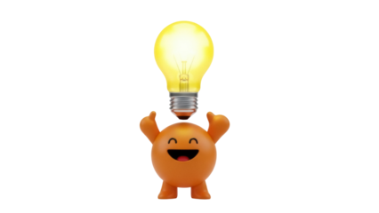 Happy orange character with light bulb isolated PNG, creative idea concept for innovation and problem solving on transparent background
