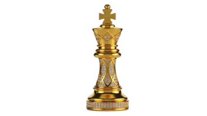 Ornate golden king chess piece isolated PNG, luxury game strategy element on transparent background for design and creative projects