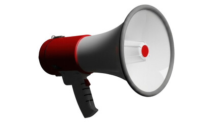 Red and gray megaphone PNG isolated on transparent background, bullhorn loudspeaker for announcements and emergency situations