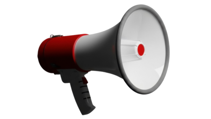 Red and gray megaphone PNG isolated on transparent background, bullhorn loudspeaker for announcements and emergency situations