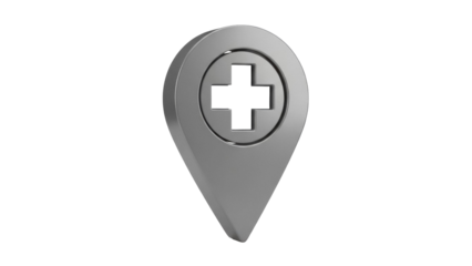 Gray medical cross location pin isolated PNG, healthcare symbol for hospital, clinic, or pharmacy on transparent background