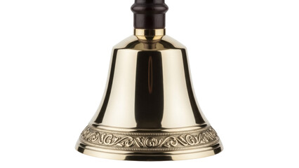 Golden hand bell isolated PNG on transparent background, shiny brass instrument with wooden handle for service or celebration