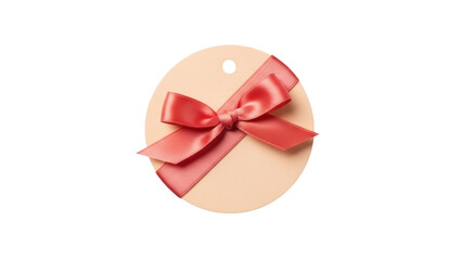 Peach gift tag with coral ribbon bow isolated PNG, blank label for birthday present or wedding favor on transparent background