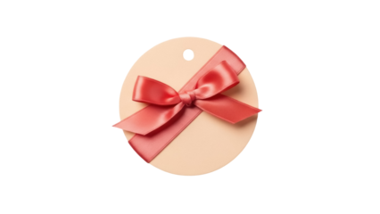 Peach gift tag with coral ribbon bow isolated PNG, blank label for birthday present or wedding favor on transparent background