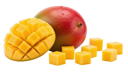 Ripe mango fruit and diced mango isolated PNG, tropical fruit with juicy yellow flesh on transparent background for healthy eating