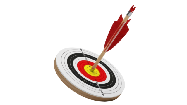 Arrow hitting target isolated PNG, bullseye with red fletching, archery sport equipment on transparent background, success and precision - Powered by Adobe
