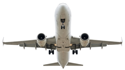 Commercial airplane isolated PNG, flying towards the camera with landing gear deployed, aviation and air travel concept on transparent background