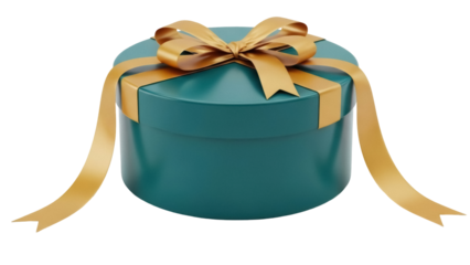 Teal round gift box with gold ribbon isolated PNG, elegant present for birthdays and special occasions on transparent background