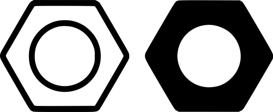 Carpentry tool icon, nut illustration, black and white, outline and silhouette versions