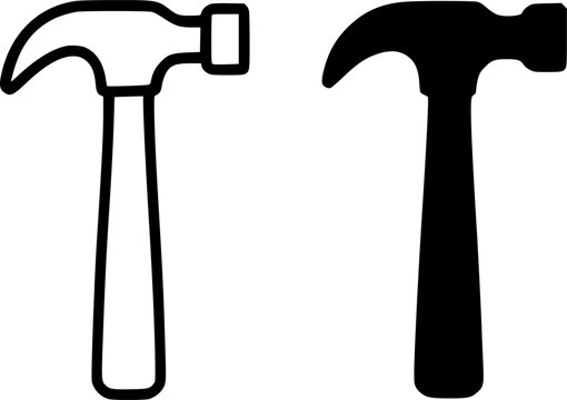 Carpentry tool icon, hammer illustration, black and white, outline and silhouette versions