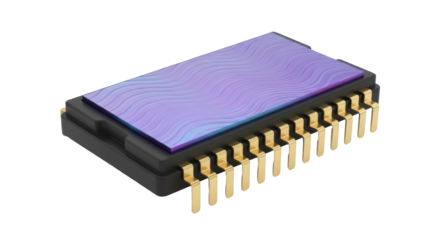 Integrated circuit chip isolated PNG, microchip with gold pins on transparent background for electronics and technology projects