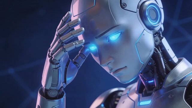 Android experiencing technical malfunction or cognitive overload while touching forehead in gesture of stress. Robotic humanoid with glowing blue eyes in futuristic digital environment