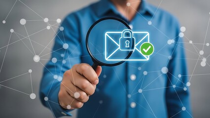Man in blue shirt holding magnifying glass with secure email and green checkmark lock