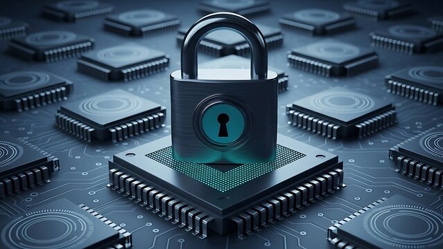 Lock on computer chip cybersecurity concept padlock microchip circuit board - Powered by Adobe