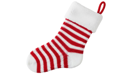 Striped Christmas stocking isolated PNG on transparent background, red and white holiday sock for festive decoration