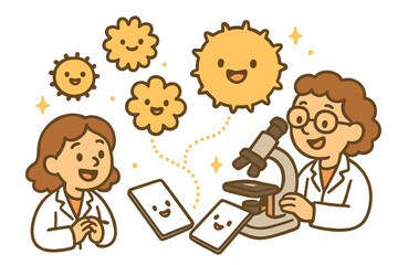 Cheerful Pollen Mapping. Adorable doodle fossil pollen mapping with cheerful grains, cartoon microscope slides bouncing, smiling