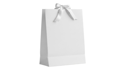 Elegant white paper gift bag with satin ribbon isolated PNG, blank shopping bag for presents and promotional merchandise on transparent background
