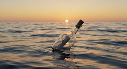 A glass bottle, corked and filled with a message, floats in the ocean at sunset