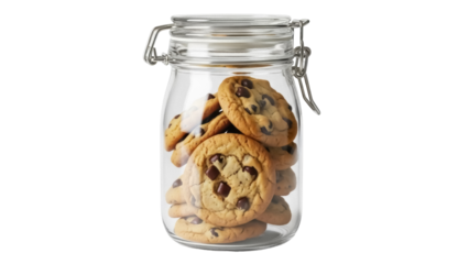 Chocolate chip cookies in glass jar isolated PNG, homemade baked treats on transparent background for dessert and snack concepts
