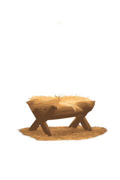 An empty manger shrouded in fog, bathed in gentle light, radiates messianic hope