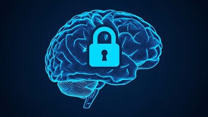 Blue brain with lock on neon security