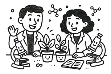 Joyful Research Collaboration. Friendly doodle scientific collaboration with happy researchers, cartoon plants on the table