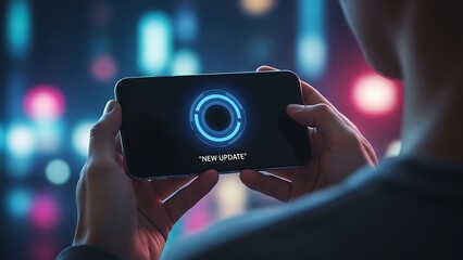 Person holding smartphone with new update loading screen at night hands