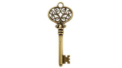 Ornate golden skeleton key PNG isolated on transparent background, antique style vintage design element for graphic projects