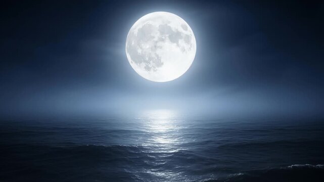 Seascape with full moon reflecting on deep sea water. Nighttime atmosphere with mist and fog over the ocean.Seamless loop
