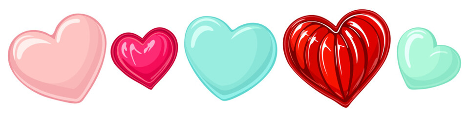 Heart-shaped glossy candies for Valentine's Day. Vector collection of isolated elements