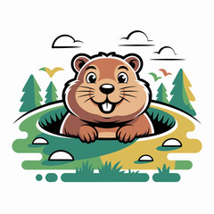 A cheerful cartoon groundhog peeks out of its burrow surrounded by trees and scenery.