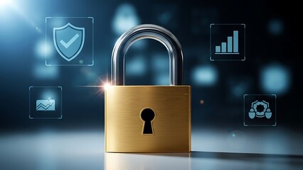 Gold padlock with security on dark background security dark background blue glow shield graph
